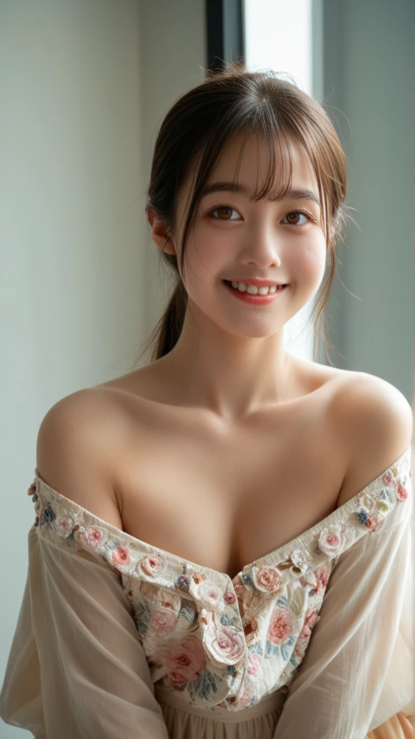 highest quality, masterpiece, ultra high resolution, realistic, 24-years-old,1 girl,Deep off-shoulder, smile,smiling showing teeth,cleavage,