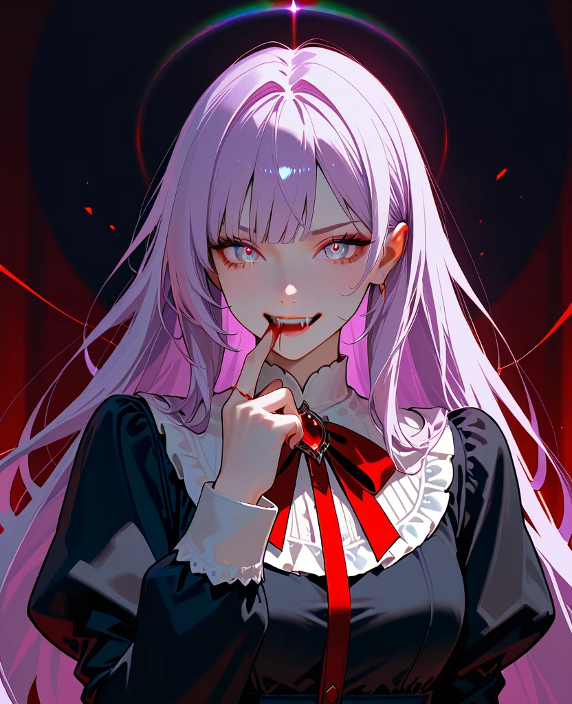 1 girl,Detailed details,White hair,white snake,red eyes,smile,shining eyes,God,A white scrunchie in one hand,red tie,sailor,long sleeve,night,blood splatter,Bloody,almost pitch black,dark lighting