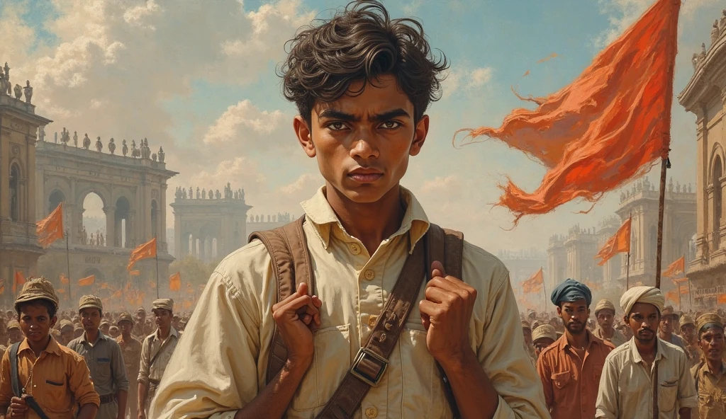 A young Saddam Hussein growing up in a harsh environment, gradually transforming from a struggling into a powerful and menacing leader. The scene shifts from a poor village to a grand, intimidating palace, symbolizing his rise to power in the Middle East."