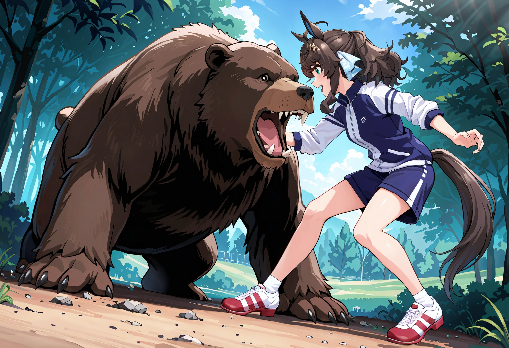 (masterpiece, best quality, perfect face:1.4), wide angle, daring tact\(umamusume\), 1girl, horse ears, hair ornament, hair ribbon, horse tail, tail on the lower back, proportional body, proportional, beautiful hair, beautiful face, beautiful detailed eyes, beautiful clavicle, beautiful body, beautiful chest, beautiful thigh, beautiful legs, beautiful fingers, BREAK, navy blue training wear, shorts, white socks, roll-up sleeves, high neck, zip-up, sports shoes, soft texture, BREAK, encountering a big bear in the woods, big bear, confronting a bear, fighting a bear, outdoors, rough woods, camp, BREAK, blush happy smile (open mouth), realistic skin, HDR, BREAK, good hands,