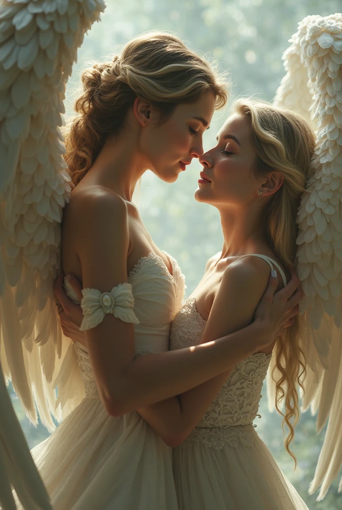 Margot Robbie and Erika Eleniak copulating having sex totally naked naked breasts naked vulvas convulsing with sexual pleasure without control flying with real angel wings floating showing their naked vulvas