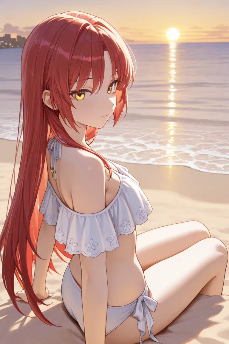 Makima、hight resolution, best pictures,, super precision、[3D images:1.35]、High quality anime、red hairs、yellow  eyes、夏天、sea side、the beach、Black swimsuit、Feel the wind、Braids