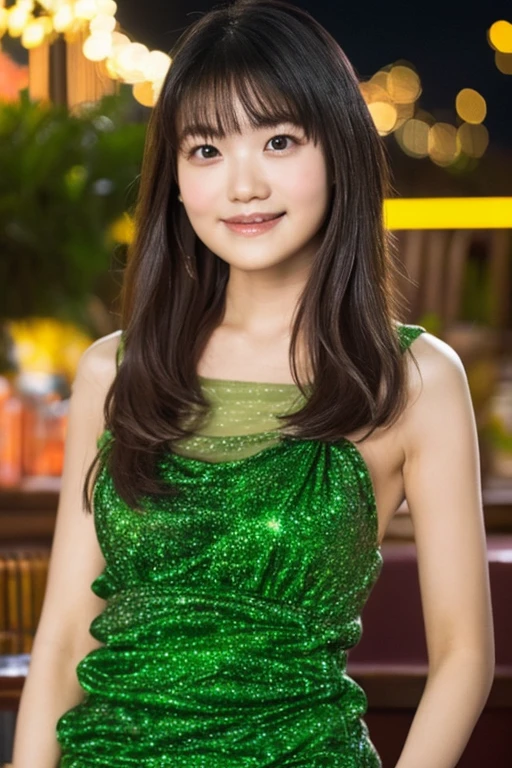 (Ultra-high resolution), (masterpiece), (Attention to detail), (high quality), (最high quality), ((Upper Body Shot)) ,  Blunt bangs, Black Hair, elegant, Evening Dresses, luxury, Ballroom, chandelier, Emerald green, satin, Grace, confidence, hole, grin, Cowboy Shot