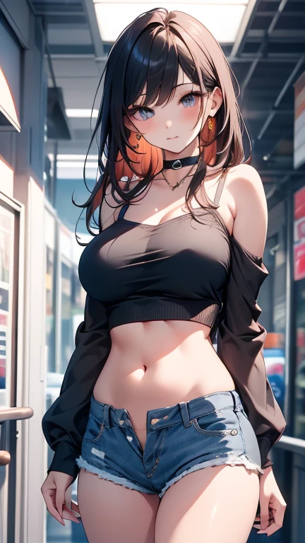 1girl, natural lighting, masterpiece, highly detailed, illustration, game CG, absurdres, high quality, redhead, green eyes, freckles, glossy lips, blush, ponytail, medium breasts, short shorts, city street, sandals, crowd, bikini, slight smile, looking back at viewer, view from behind