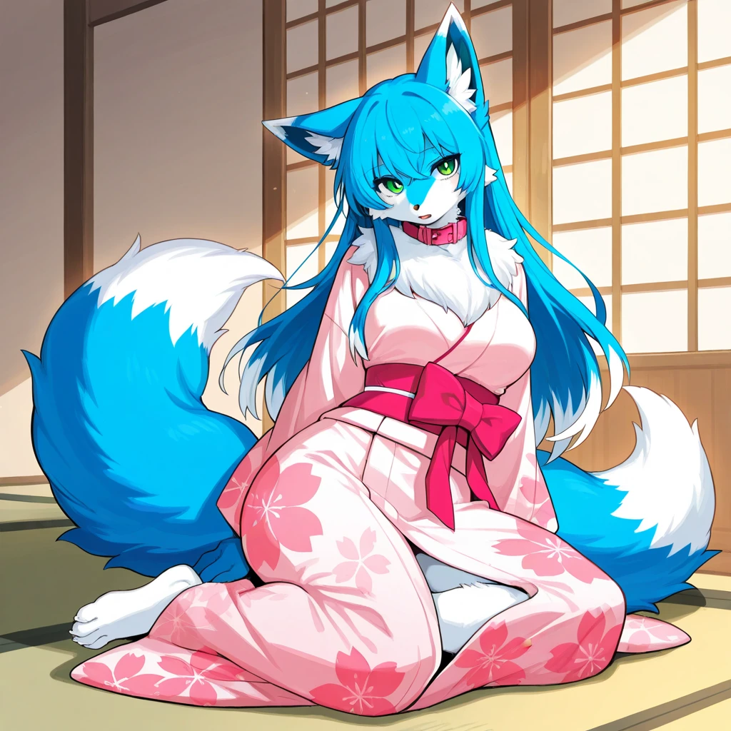 Furry, furry kemono, fox female furry, big nipple, chubby, pink coloured hair, light blue coloured body fur, gold coloured tail, fluffy light blue coloured ear, fluffy gold, pink and light blue coloured big tail, light blue and gold kimono with flower pattern, laying on bed