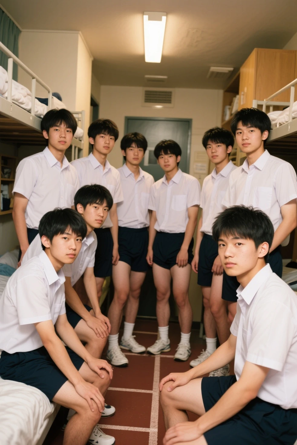 2 guys ,cute face ,Korean s guy, skinny slim like younger , body dirty with charcoal,shirtless wearing light blue underwear, standing on chair ,desk, multiple friends in warm classroom room , sunlight