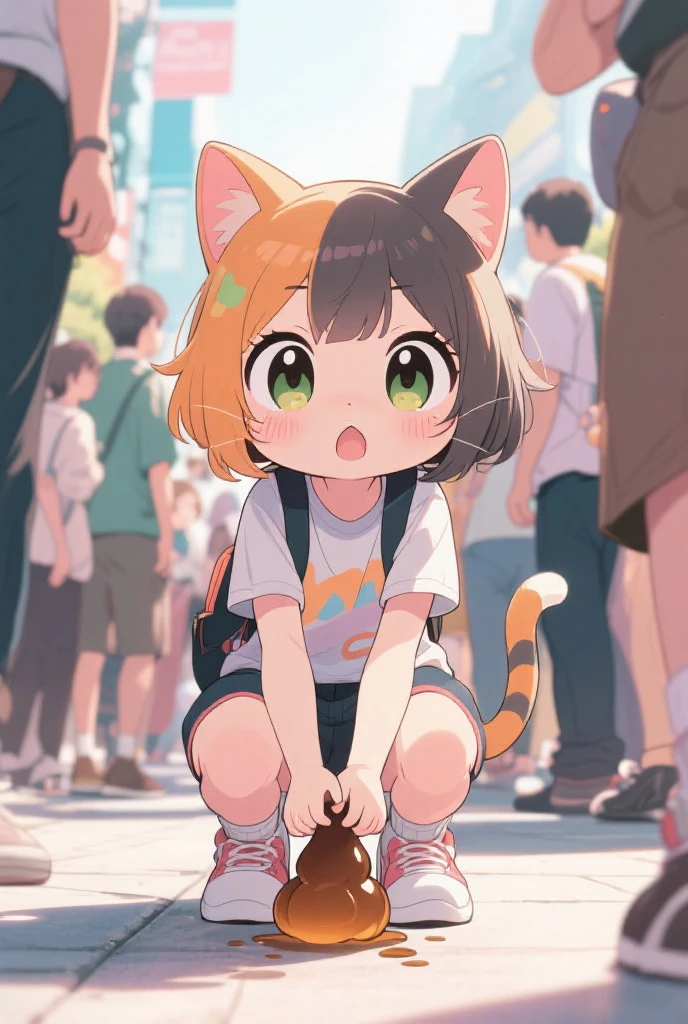 1 Human Girl、anime、animeチック、Skunk Ears、Skunk's Tail、Kindergarteners、Butt in front、Yellow smoke coming out of his butt、Embarrassed、farting、solo,