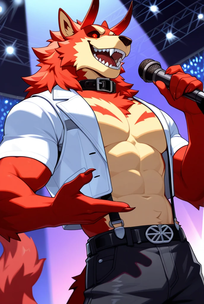 the only person, looking at the audience, 1 boy, male focus, abdominal muscles,chest muscles,Cute man, Worn, , hairy, gray fur, Red eyes,8K,high quality