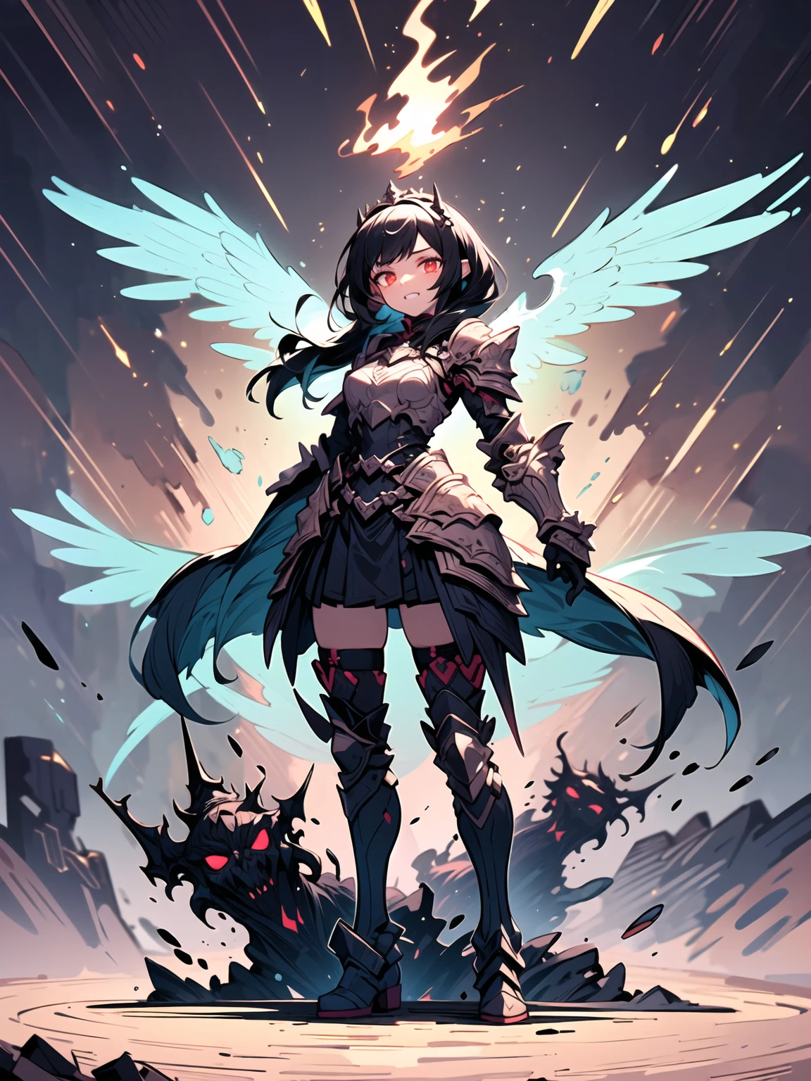fantasy, 1angel_girl,young_teen, ,brown_hair, medium_bob_hair, long_bangs, halo,bare_shoulder,thighhighs,silver_armor, waist_armor, large_breasts,angry,grinning,open_mouth_teeth, 1pair_wings, dynamic_pose_fighting,floating, bare_crotch, headgear,gauntlet, greaves,city_background,slightly_spread_legs, solo, groin_naked,