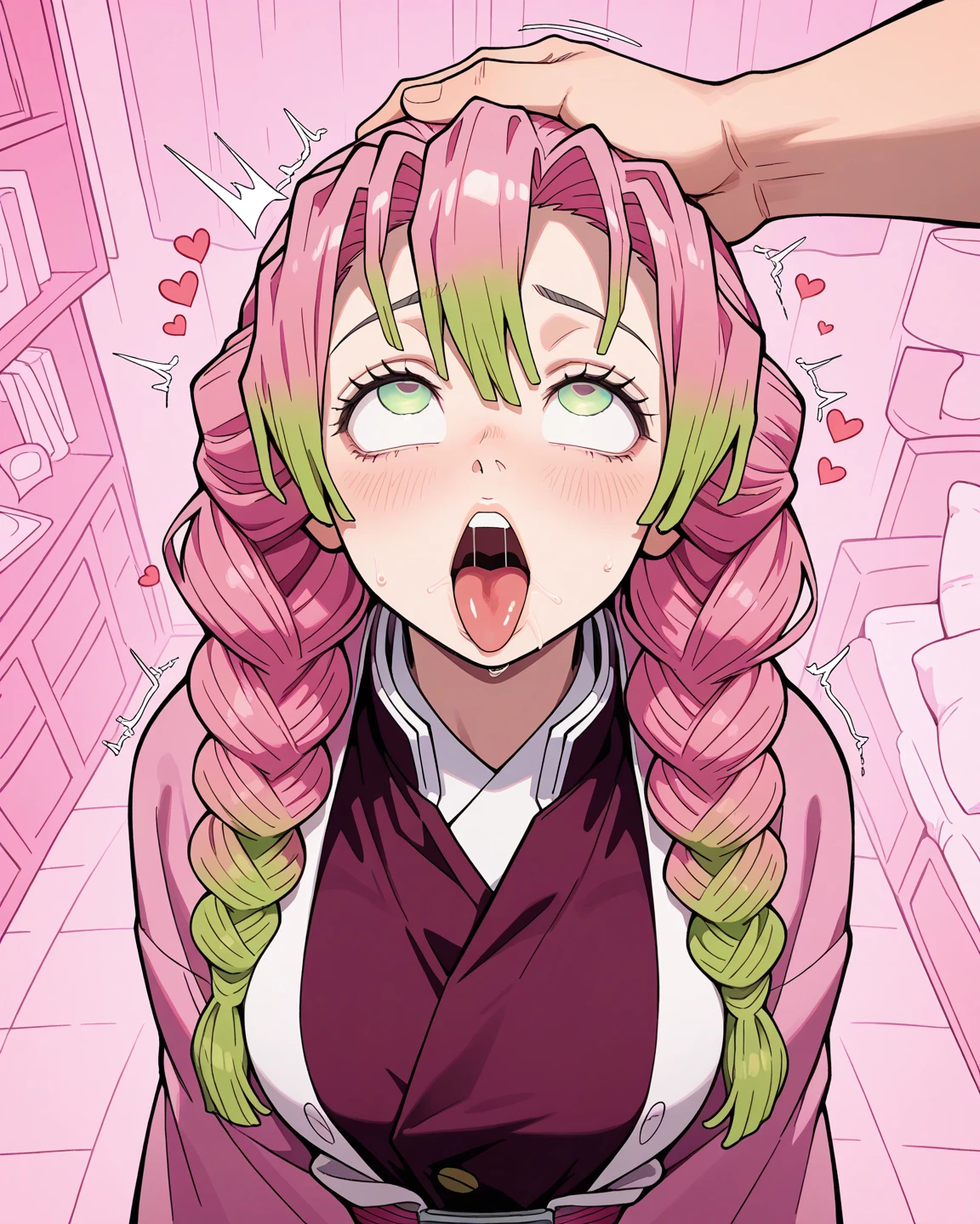 {Highest quality}. {so beautiful}. {Super detailed}, {Best illustrations}, Browsing Caution、((Half open your eyes))、Big penis、blush,anger、A woman drooling after having urine splashed on her face、Face sitting、((女性がBig penisを顔に押し付ける))、Completely naked、Big penis、Small breasts、Confused Eyes、anger、angerった顔、Glare、Baby Face、semen、shame、White skin、Focus on the face、Pink Hair、Yellow-green bristles、Yellow-green eyes、Long Hair、Braid、Public toilet