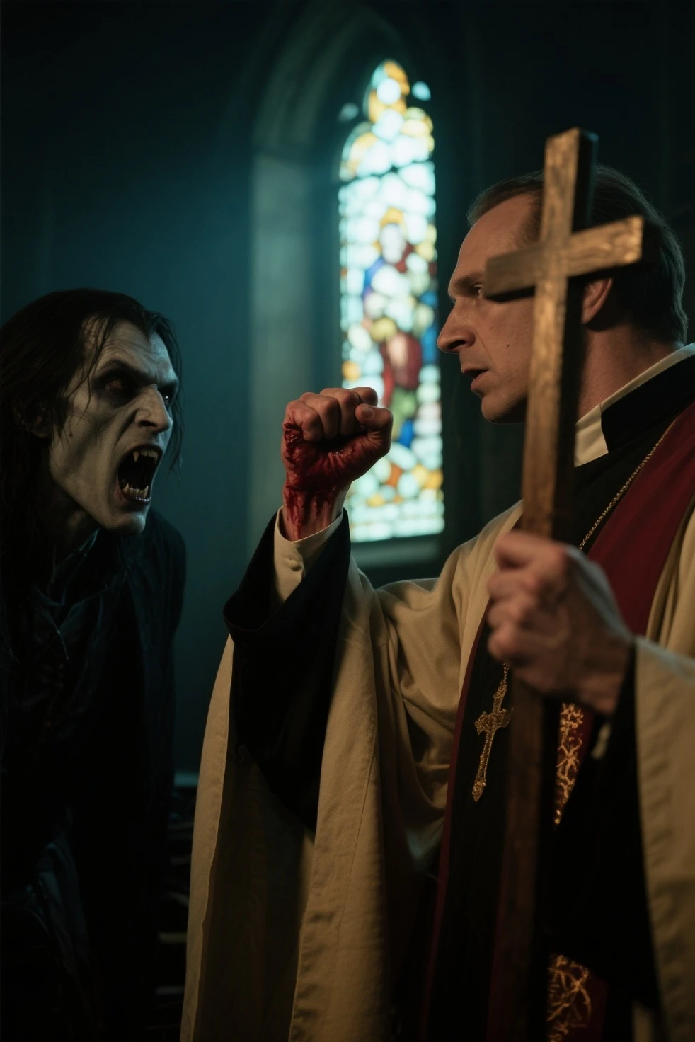 A 40-year-old priest with a terrified expression is desperately trying to pray. He is shown from the side, with a possessed and horrifying woman leaning out from behind his shoulder. Her grotesque, demonic features and hollow eyes make her presence unmistakable. Her skeletal, claw-like hands grip his arm with a sinister force. The atmosphere is intensely creepy and oppressive, with a dark, shadowy background and minimal, eerie lighting to enhance the feeling of dread and horror."