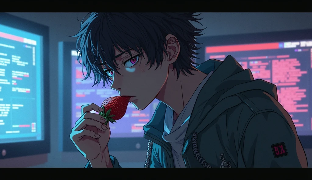 An etherial looking anime man.He has dark blue eyes and he's licking a candy but smiling seductive .He has longer hair and smiling seductive but also psychotic 