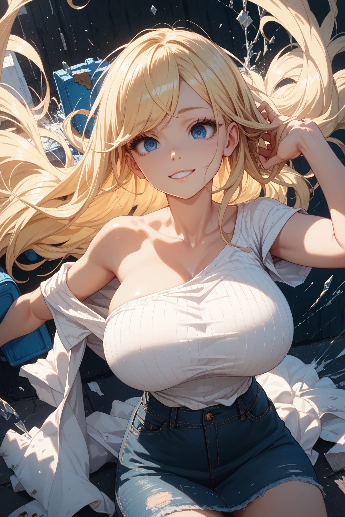 sexy、medium breasts, Illustrations、(Beautiful blonde hair、crotch open、Smiling、Draw so that the crotch cloth of the beige underwear is visible.、Skirt flipping、((Torn and tattered denim skirt、Beige panties))、Choker、When I look through the viewfinder、A bracelet、Thigh strap、Body Painting、Head tilt、8K resolution、intricate clothing、Intricate details、1girll、Solo、a blond、Standing、Cowboy Shot、Arms at sides、a miniskirt、Detailed panties、heart cleavage cutout、hip incision))、Volumetric lighting、Soft light、Bright、neons、Vibrant colors、watercolor paiting、