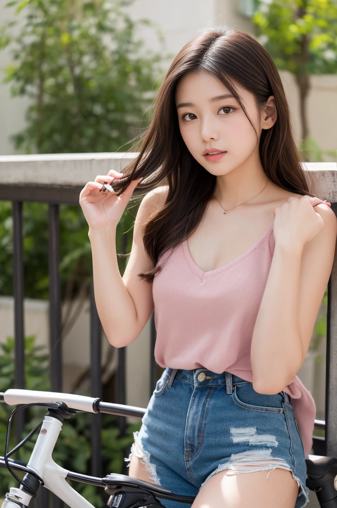 (Best quality, Complex details: 1.2,Realistic:1.2) ,A girl\(24 years old\),[Liu Yifei:0.9],(pink|red:0.2 camisole:1.2),(Denim shorts),long hair, grin,stand,(white skin:1.2),(many people:1.2),