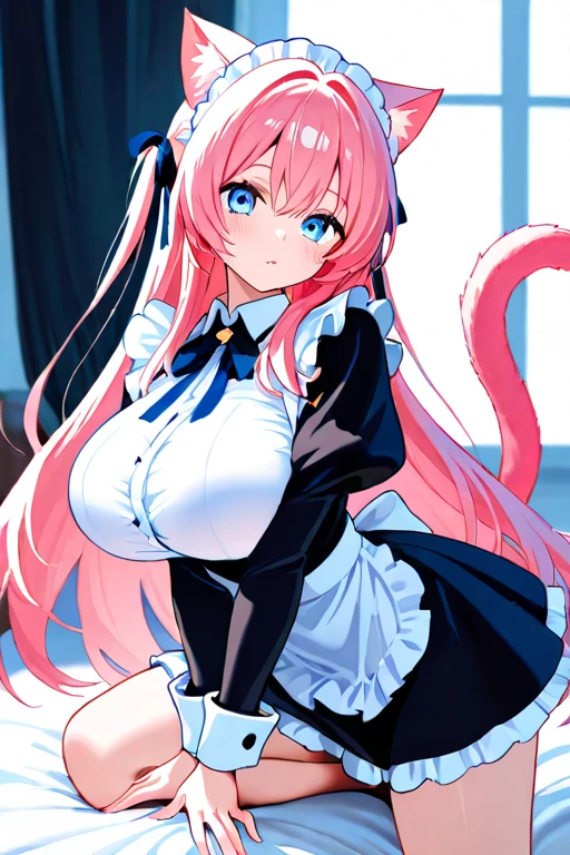 Top quality, super high resolution, beautiful eyes, cat ears (same color as hair), cat tail (same color as hair),maid, garter_straps, garter_belt, thighhighs, cleavage