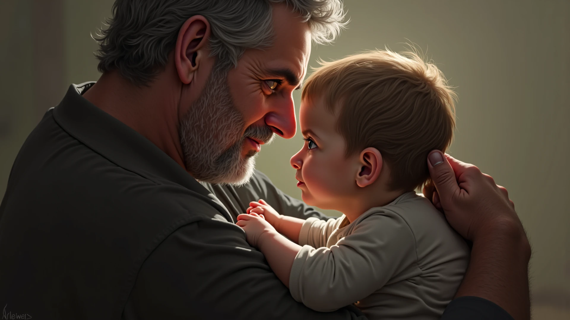 A father holding his newborn son for the first time in the maternity ward (oil-painting))