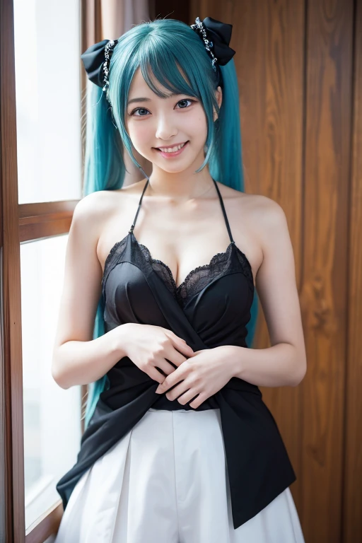 hatsune miku cosplay costume, hatsune miku, magical mirai miku, cosplay, aqua hair, twintails, very long hair, vest, sleeveless dress, frills, asymmetrical gloves, bowtie, mini hat, hair ornament, gloves, wrist cuffs, asymmetrical legwear, vertical-striped thighhighs, shoes beauty, Beautiful woman,Have a perfect body:1.4,Layered Hairstyle,((Big breasts)), ((D cup)), Visible cleavage,Bare shoulders, Highly detailed face and skin texture,Double eyelids,Skin Whitening,Long hair,Whitening long legs,Standing by the sea, Fashion girl, Red lips, Sweet maiden, Beautiful makeup, detail, lifelike, Very detailed, amazing, beautiful, Young and energetic, high quality,High Definition, rich and colorful,Exquisite, Smooth skin, The skirt is short, Lift the skirt with your hands, Elegant and charming posture, Official Art, Extremely detailed, Movie atmosphere, Soft colors, Natural skin texture,
