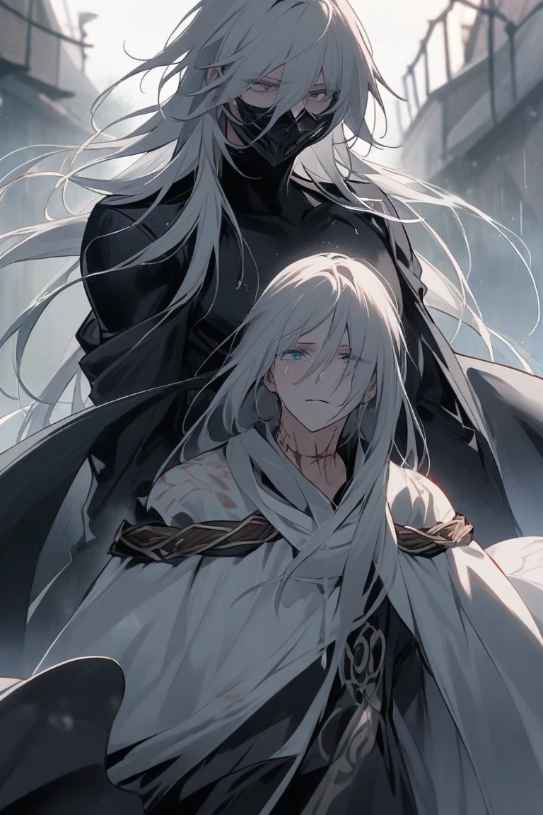 （tmasterpiece，best qualtiy），A long boy with white hair sits in the middle of the wasteland，Black colored eyes，period costume，The face is calm，Like a god