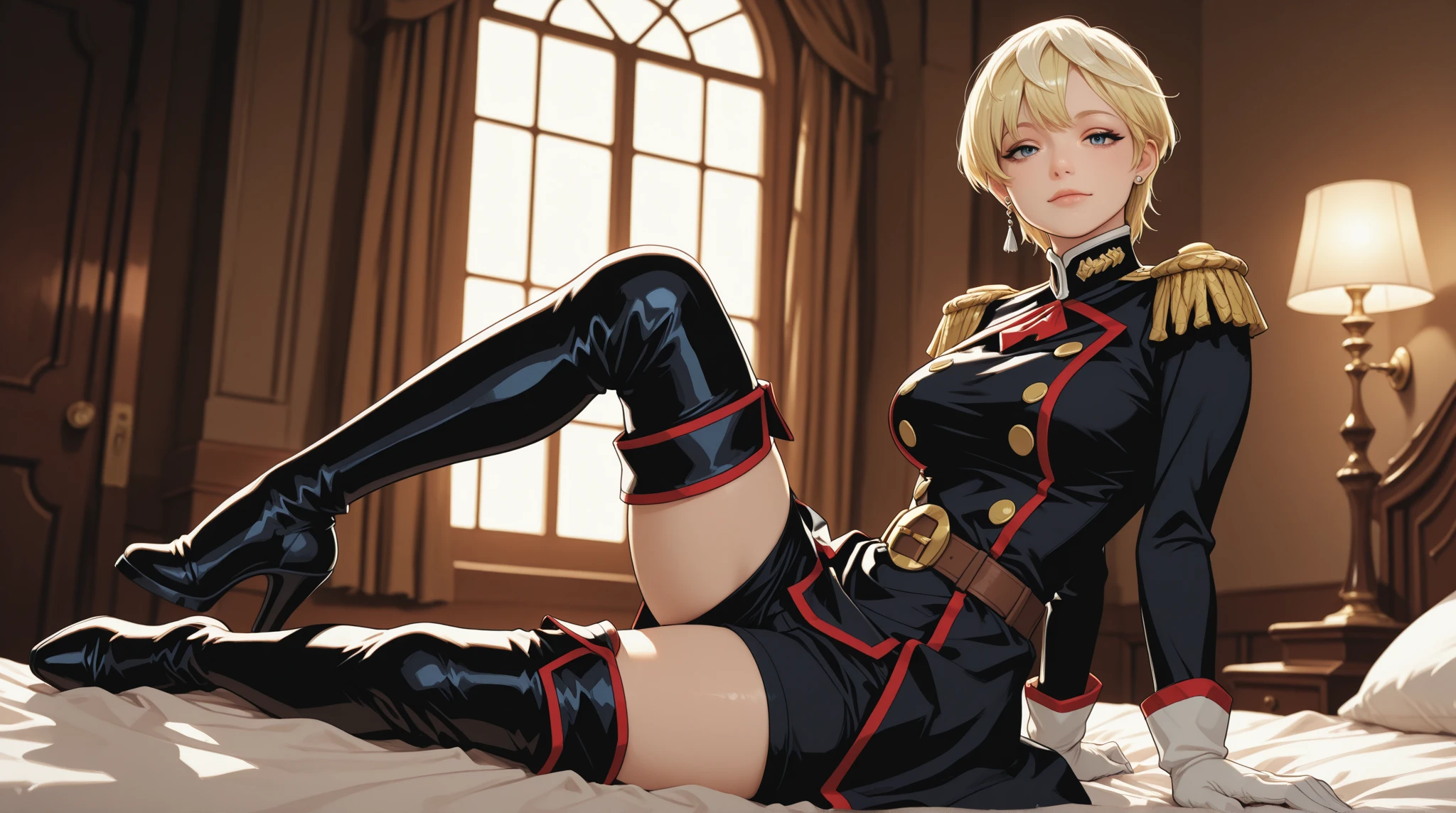 tenka izumo, short hair, blue eyes, blonde hair, anatomically correct, heavy breathing, huge breasts, 1girl, solo, squatting, gloves, breasts, blonde_hair, high_heels, boots, thigh_boots, thighhighs, large_breasts, from_side, smile, goggles, blush, high_heel_boots, open_mouth, red_footwear, full_body, mask, brown_gloves, sfw version, michiko_tanaka_mahoushoujoniakogarete,michiko tanaka, (shaded face:1.2), hollow eyes, blue eyes, looking at viewer, (heavy breathing:1.2), expressionless, glaring eyes, (anime coloring, anime screencap)