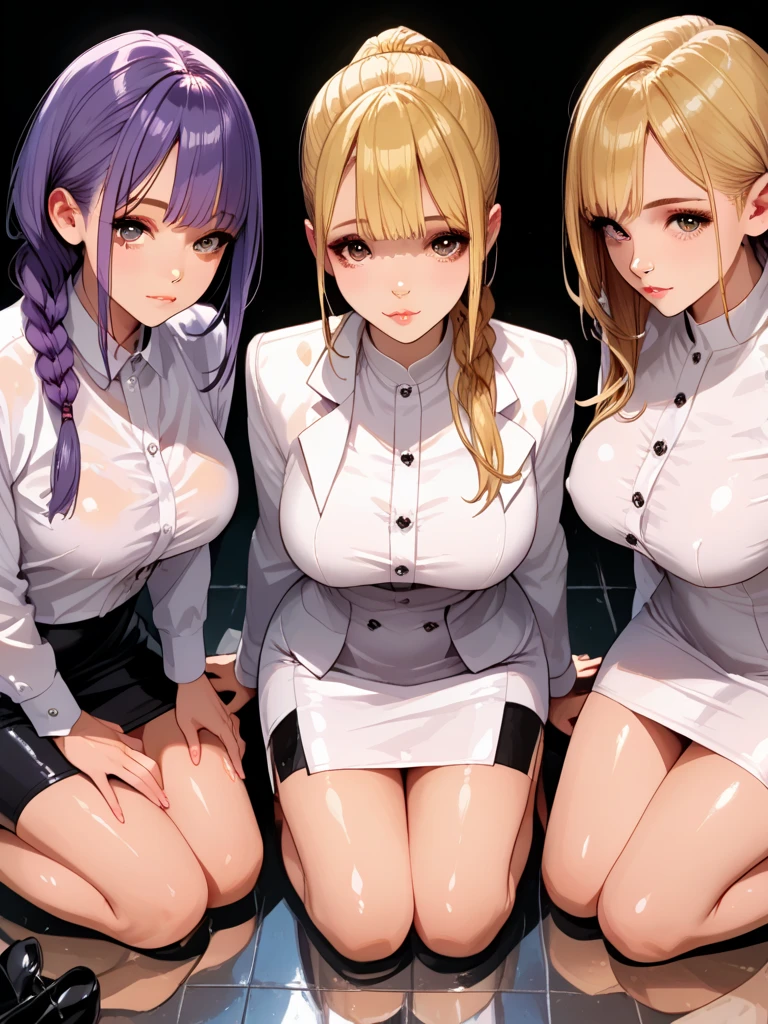    female、1 male、(european:1.2)、(blonde)、(Super beautiful)、(beautiful face:1.5)、30 year old womanl、gray blazer、(short skirt)、white shirt、large bedroom inside mansion (A single black man laying on his back, in-bed wearing shorts, in-center of composition) A diverse group of five young adult Americans, representing different ethnicities and characteristics, wearing yoga-pants and tank-tops, displays their unique beauty with perfect bodies, large breasts, wide thicc-hips, Among them, there are blonde young adult girls with auburn hair, emanating an air of natural elegance. Brown young adult girls with silky locks and a captivating sheen show off their exotic beauty. Also present are black young adult girls with stunning curly hair, highlighting their authenticity and cultural pride, (the women surround a singular BLACK MAN with short-hair, from all sides) (in a bed) the women kiss the singular Black Man, touch the singular Black man, masterpiece, high details, high quality, best quality.