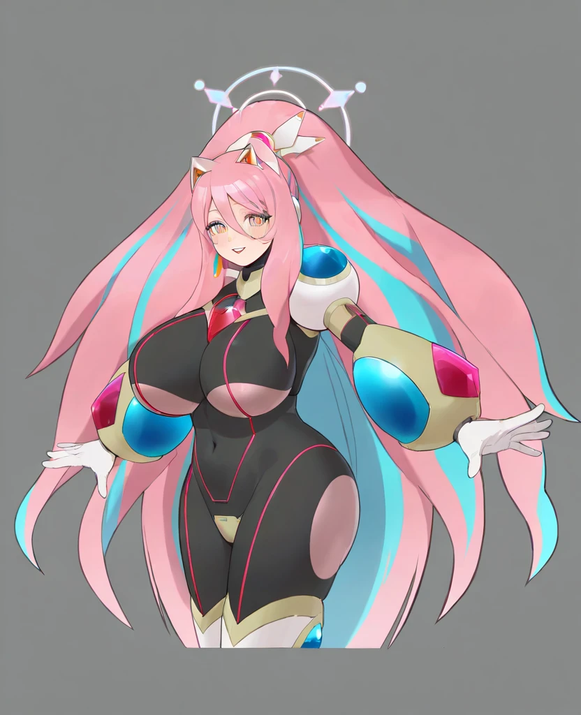1girl,sexrobot,robot, robot joints,huge breasts,wide hips,thick thighs,blush,standing,science fiction,pink eyes,,mechanical skirt ,(happy),smile,half-closed eyes,(cowboy shot),