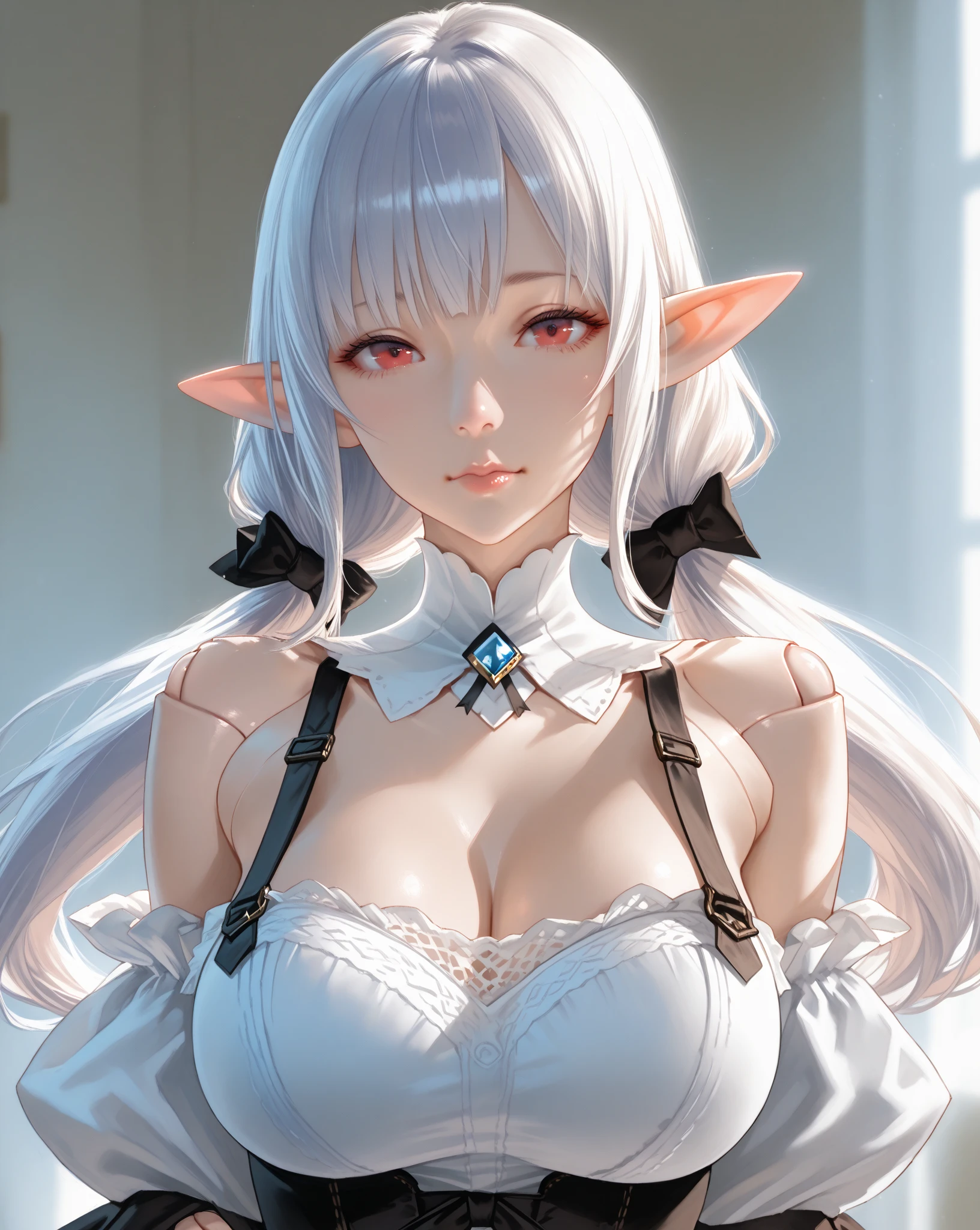 Grown-up girl, Long silver hair, elf ears, Green eyes, large breasts, open breasts, nipples, Green lipstick, naked, cum on breasts, Masterpiece, hiquality, 4k, HD, Good detail