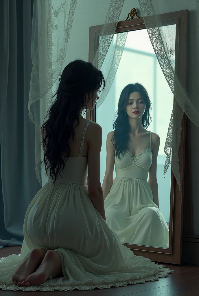 generate a double exposure photoillustration of a girl with her_reflection wearing micro lingeriein a white cloak, long black hair,  the girl standing and looking at the mirror starring at the reflection, it is a perfect reflection, perfect body, perfect anatomy, back_side view, tall golden square frame floral carved mirror, mystical elemental, ethereal, dark smoke surrounded, dramatic light, exotic scene, crisp, terrifying, dimmed light from below, super detailed, UHD, 8k, epic realism, fantasy art, photo art, photoillustration (transparency effect 0.25), symmetrical sagital cut ((vertical half cut 1.5))seamless, texture and pattern, ((transparency effect 0.35)), iconic standing-pose stance, dramatic shadows, dramatic lights, interlacing elements, fantasy art, two face tones, two body_tones, very_long hair, flowing hair, opposite-opponent digital manipulated photo art, hyper-realistic, ultra-detailed, crisp clarity, low-contrast, overexposure, luminous ambiance, rich textures, intricate patterns, vivid colors, cinematic lighting, photorealistic, accurate anatomical proportions.