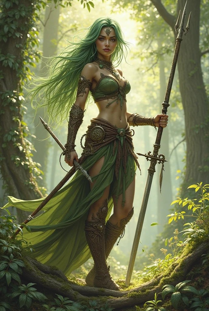 Seven feet tall beautiful and agile figure with muscles that spoke of archery.
A very beautiful elf women with long green hair and slim feet