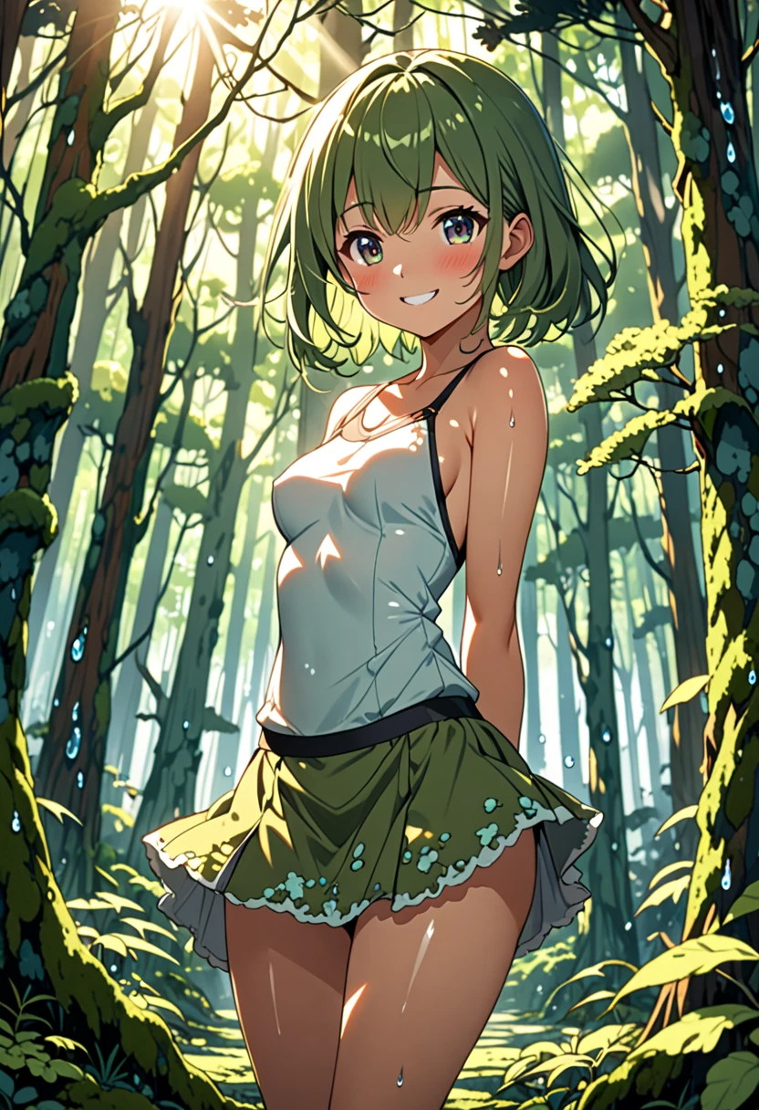 masterpiece, best quality, 1 girl, solo, kirlia, green hair, red eyes, white dress, green skin, short hair, wide hips, thick thighs, huge round ass, medium breasts, kiss, love, dark circles, freckles, sad, dynamic poses, ultrasharp, 8K, masterpiece, looking at viewer