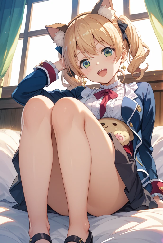 masterpiece:1.5, high quality, anzu futaba, , 1girl, black , black blazer, black mini skirt, brown cardigan, {{tareme:1.4}}, blush, wide-eyed, smile, closed mouth, missionary, (((lying, on back))), on bed, ((spread legs)), (from below), upper body, white lace panties, (pussy juice), sweat, flat chest, slim, small hip, (((slim legs))), skinny, slender, camel toe, looking at viewer, panty focus, hands on crotch