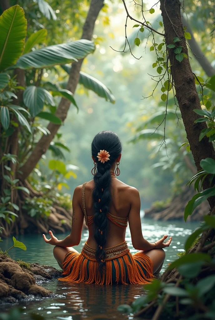 River pass trough the lush forest.Thai beautiful mermaid put her hands together to worship the Buddha . The Buddha Meditation under a large banyan tree. The atmosphere is calm, large full moon, Thai culture art style.​ Wide angle behind mermaid back.