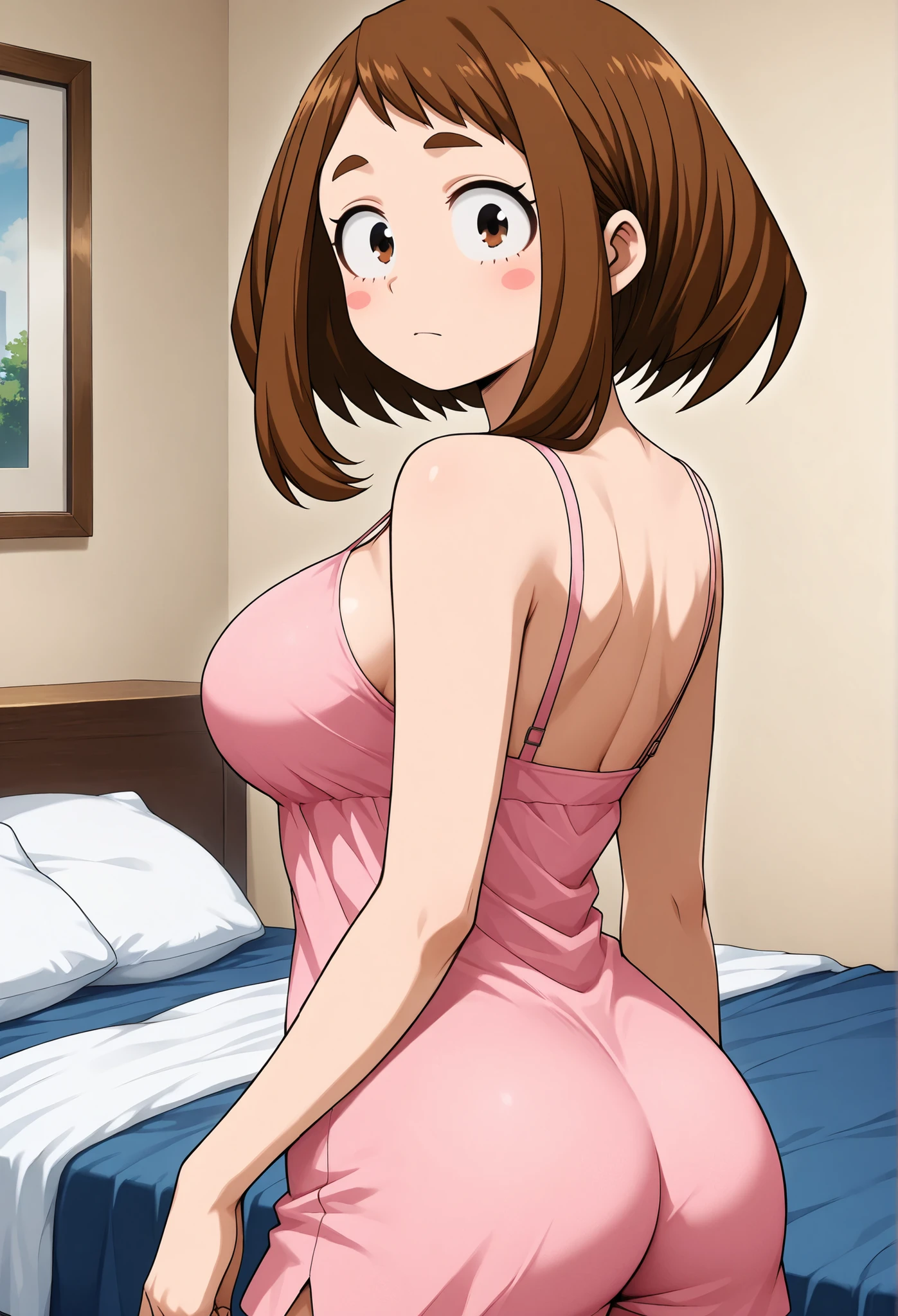 official style, anime screenshot, Uraraka Ochako, 1 girl, brown hair, brown eyes, solo, superhero, closed mouth, large breasts, (F65), sexy style, Japanese girl's bedroom, a large two-person bed, Uraraka Ochako wears a cute pajama set, Back view, Uraraka Ochako lifts her buttocks with her hands, looks ashamed at the viewer,