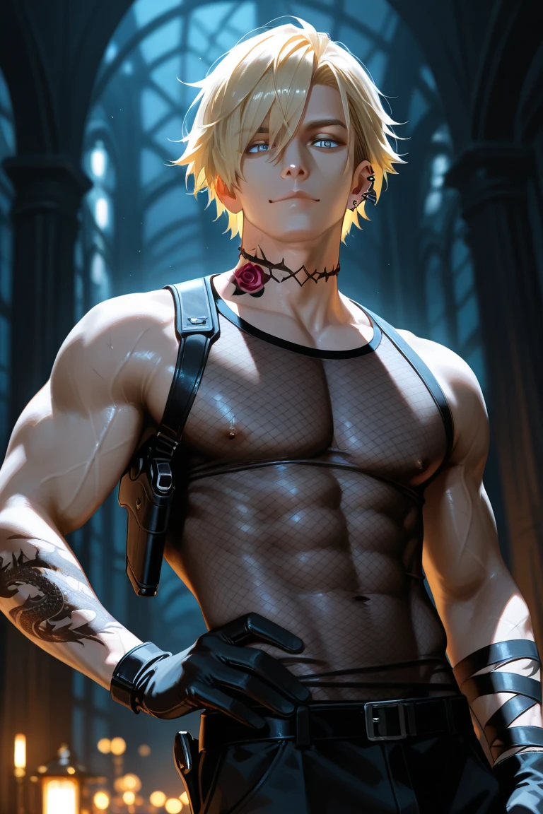 Bra Top, blonde guy, Jewelry, Ring, Blonde hair, Solo, Red heart symbol, earrings, Red Eyes, Looking at the viewer, Red Nails, Short hair, Undercut, a smile, One Boy, Necklace, Open mouth, Male Focus, Jersey pants, Navel, Choker, off shoulders,simple background