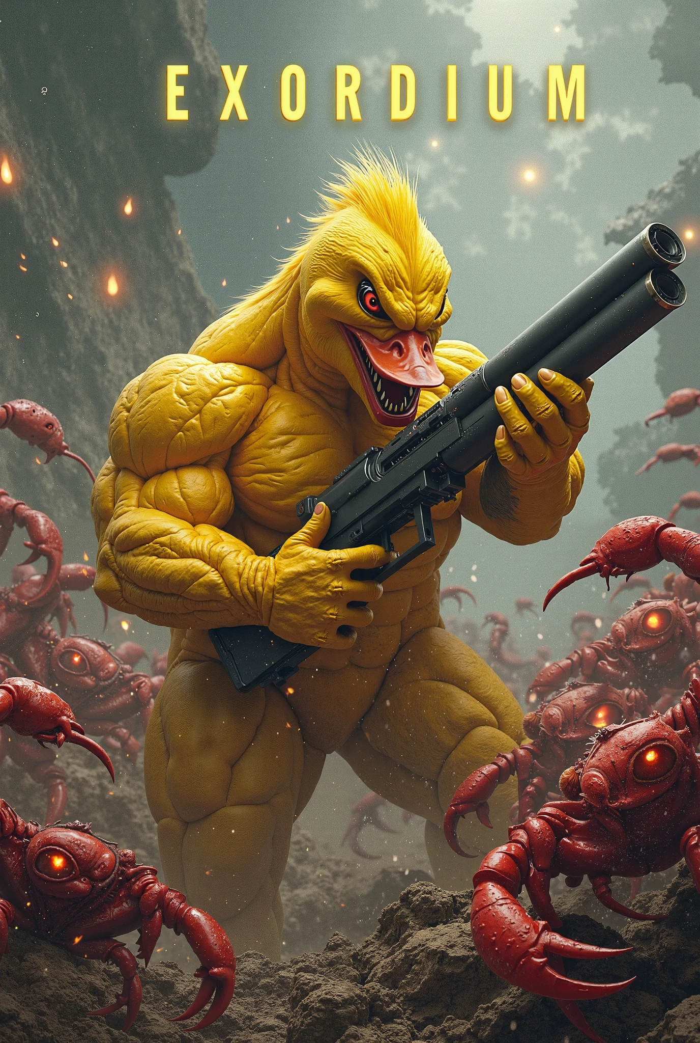 krogan, colored skin, breastplate, day, upper body, thighs, 1other, knife, veiny , mecha, glowing