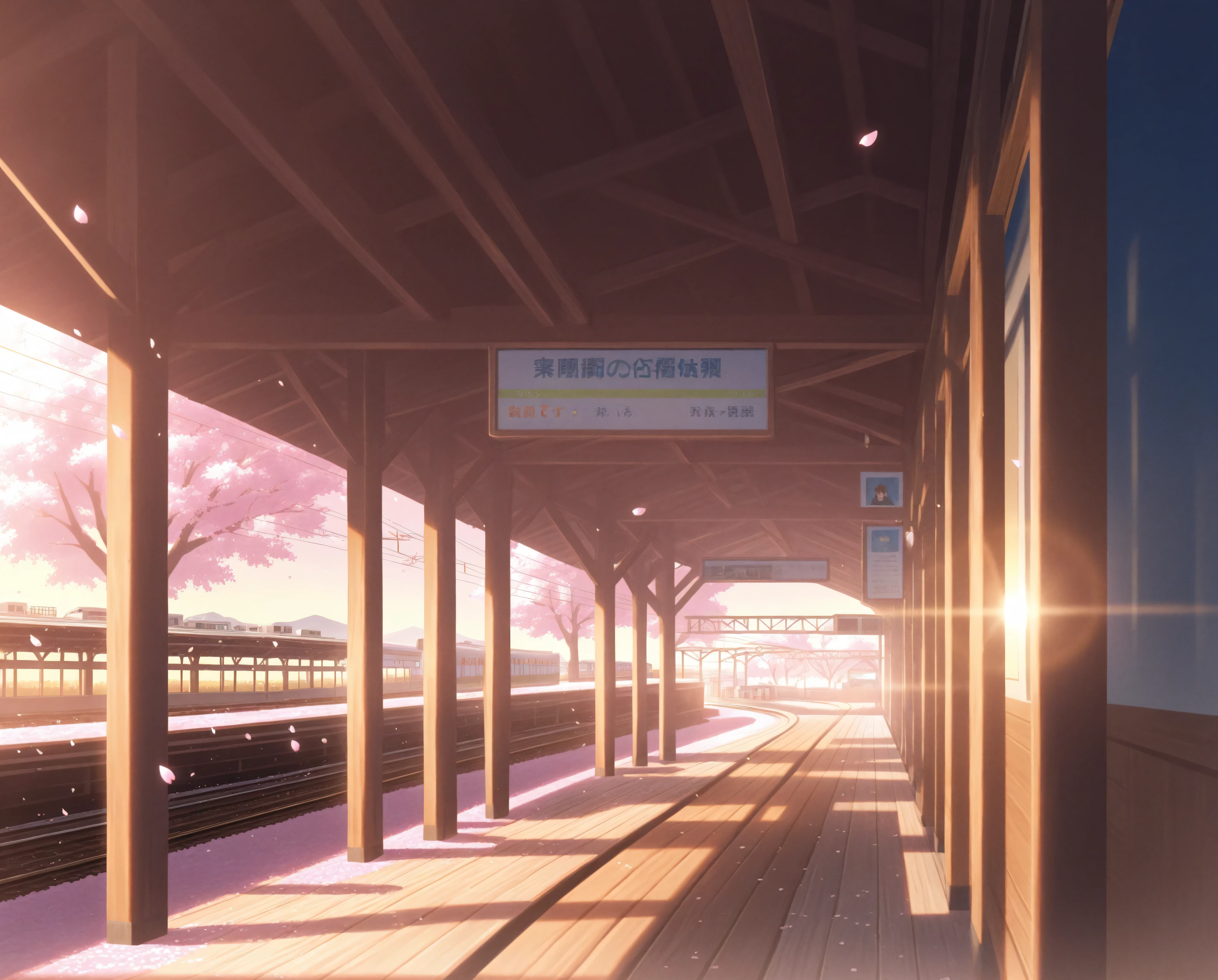 Wide shot of rural train station at dawn, cherry blossom petals catching on protagonist's trembling fingertips as shadow elongates into a time-tunnel silhouette. Gentle sunlight filters through aged wooden beams. Camera: Slow dolly zoom with lens flare.