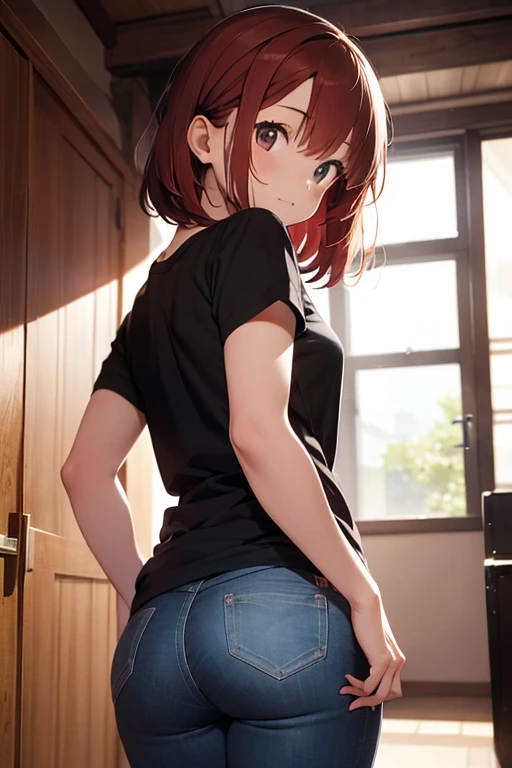 ((masutepiece, Best Quality, hight resolution, nffsw, Perfect Pixel, depth of fields, 4K, )), 1girl in, Solo, , Beautiful anime girl, Beautiful Art Style,
very low view angle:1.3, view from below:1.5, sky from below:1.5, bathroom background, standing:1.5,
Perfect body, smile face:1.5, medium cleavage:1.5,
Yuigahama Yui, Hair bun, short hair, large breasts, short blue jeans:1.5, black tshirt:1.5,
Full face blush, black knee socks:1.5, red converse:1.5, red face,
straight on:1.3, medium shot