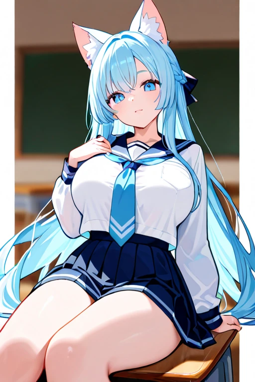 (Masterpiece) (High Detail) (High Res) A short humanoid girl with pale human skin and blue eyes and long blue hair and blue dog ears and a fluffy dog tail is wearing school uniform and writing on the blackboard in class. White blouse, blue pleated skirt, knee-high white socks. From behind. Looking over shoulder at viewer.