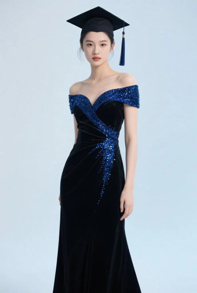 Royal blue crystal dress with black details and flowers