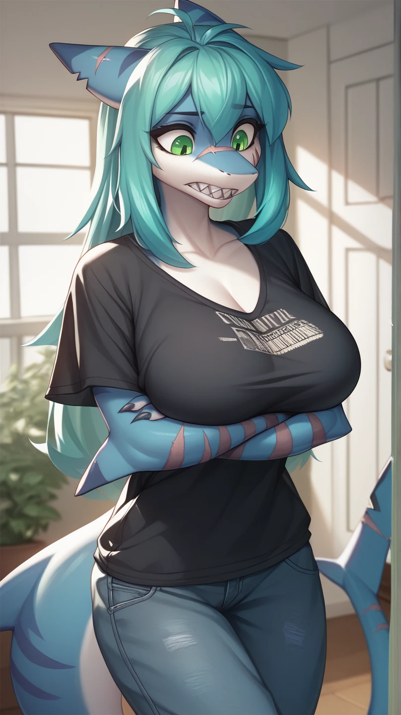 Surprise expression, 1girl, anthro, furry, glossy skin, wet, shark girl, (black skin), blue hair (light blue highlights), (blue sclera), (purple eyes), long hair, (19 years), nude, large breast, (blue nipples), (nipples showing), thicc thighs, futa, futanari, (gigantic erect blue penis), (dripping penis), blue tiger stripes, solo, (orange background), nervous, shy, standing, (holding penis), (embarrassed), (soft shading), score_9, score_8_up, score_7_up, score_6_up, score_5_up, score_4_up