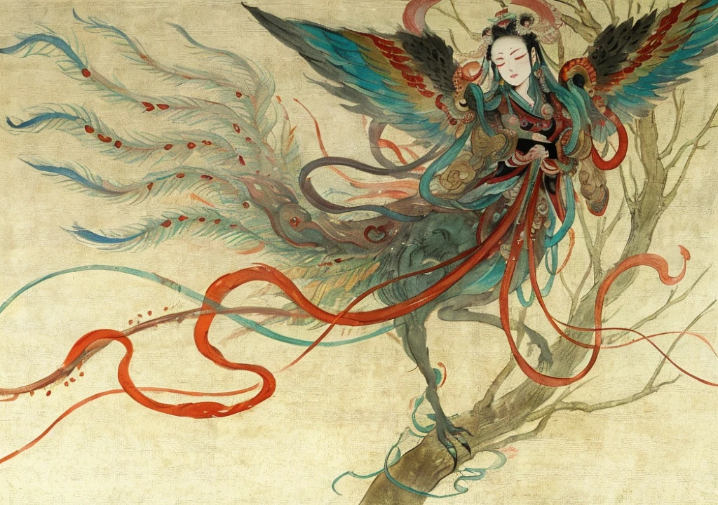 There was a woman flying through the air with a bird on her back, a beautiful kitsune woman, A beautiful artwork illustration, in the art style of ukiyo - e, Anime fantasy illustration, anime graphic illustration, ''wallpaper of a phoenix resting, inspired by Yun-Fei Ji, She has the head of a phoenix, Dragon girl, Akira in Chinese mythology，National style epic，Fairy under fan