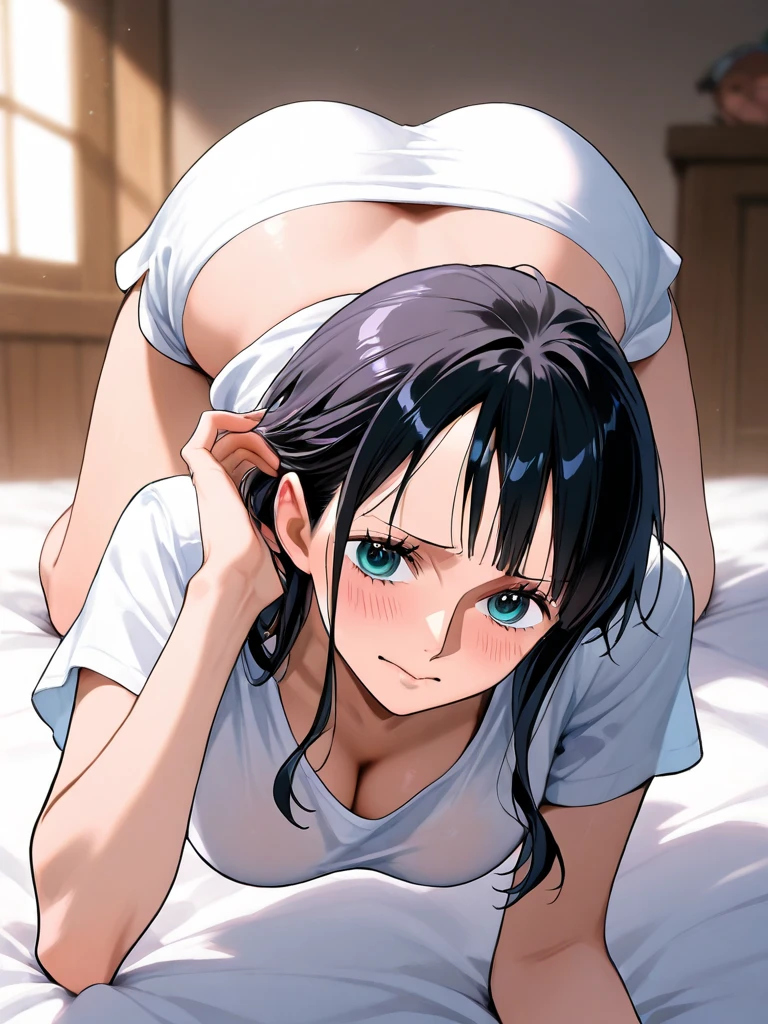 best quality, amazing quality, very aesthetic, absurdres, (1girl, aris, blue archive, solo, blue eyes), (realistic face:0.9), (official art:1.3), looking_at_viewer, blush, open_mouth, bangs, navel, nipples, hetero, lying, one_eye_closed, teeth, solo_focus, tongue, tears, on_back, armpits, clothes_lift, arms_up, bottomless, bed_sheet, pov, shirt_lift, trembling, camisole, tearing_up, (1boy, dark skin male, out-of-frame_censoring, implied_sex, tickling), expressive eyes, perfect face, extremely detailed eyes, perfect anatomy, smooth skin, clear eyes, beautiful face, small breasts, panties, (anime style:1.7), (Warm Light:1.7), (highres:2), (Chiaroscuro)