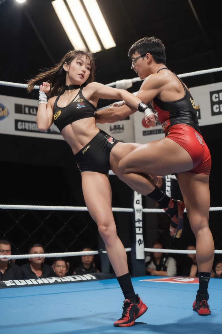 hightquality、masterpiece、Being tortured、Female professional wrestler'genitalia、Dripping body fluids、Hand flail、fetters、Chained、Chained to a corner post in a wrestling match、Face frightened by fear、closing eye、Opening Mouth