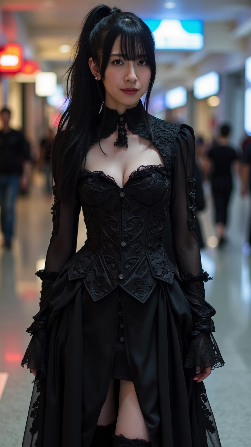 woman with long black hair with black hat and a black rose in the hat dark skin, cute dove appearance, vestidos longos de detalhes de renda