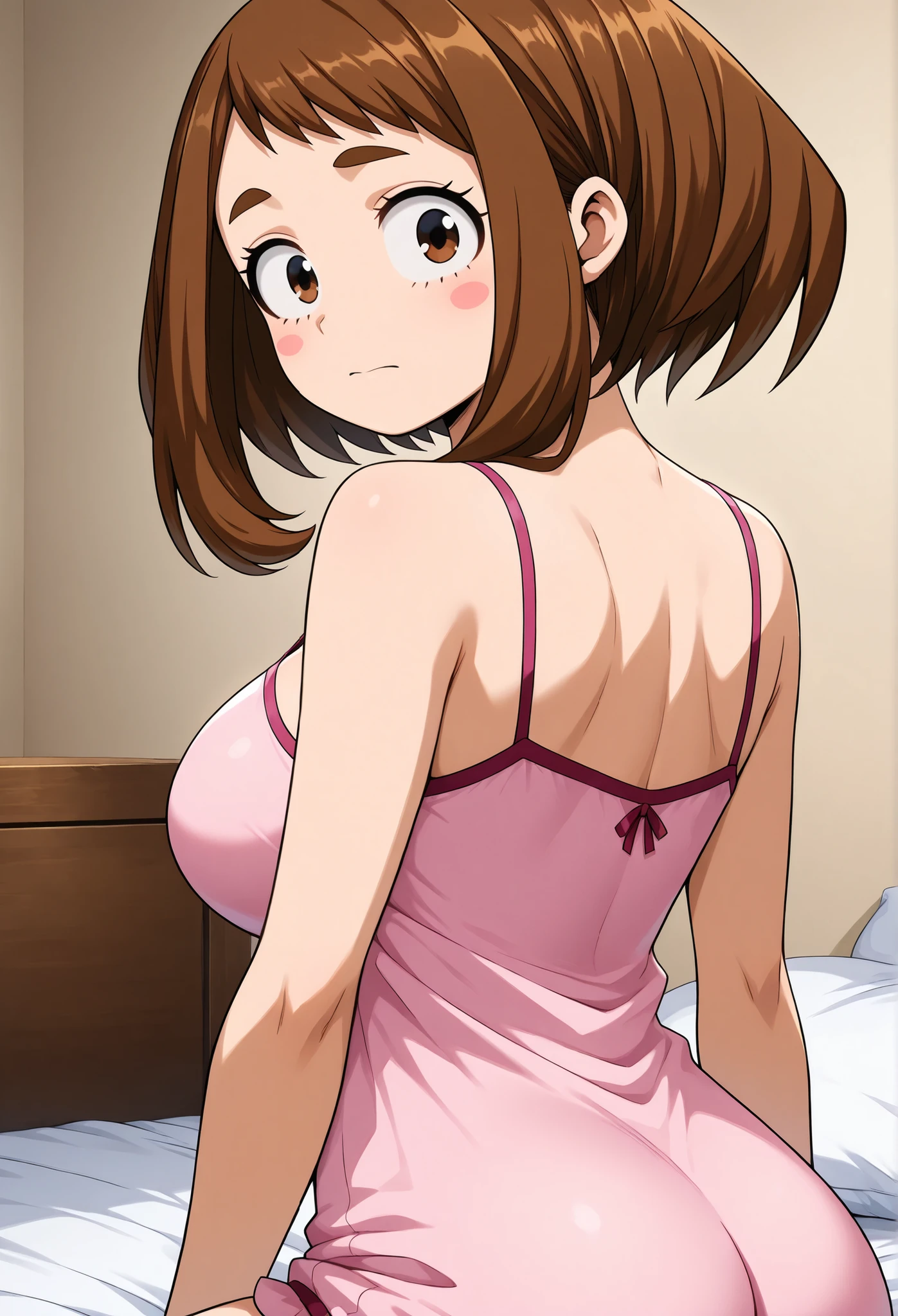 official style, anime screenshot, Uraraka Ochako, 1 girl, brown hair, brown eyes, solo, superhero, closed mouth, large breasts, (F65), sexy style, Japanese girl's bedroom, a large two-person bed, Uraraka Ochako wears a cute pajama set, Back view, Uraraka Ochako lifts her buttocks with her hands, looks ashamed at the viewer,