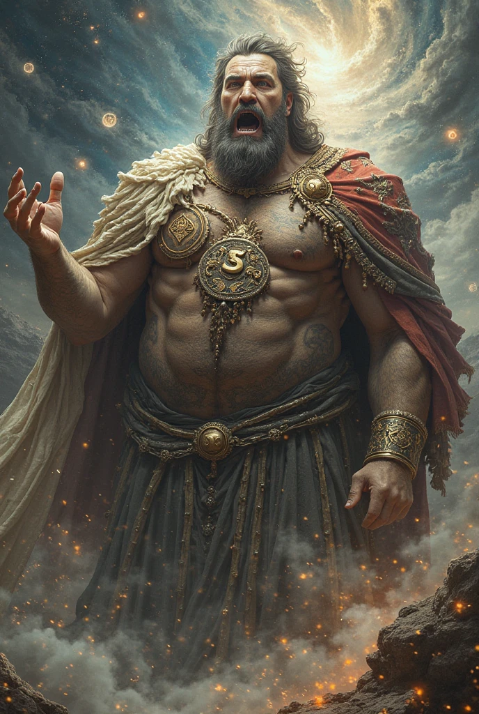 Imagen hiperrealista de un anciano con cara de Tom Platz, over 79 years, gray-haired Nordic warrior king superhero with a huge crown of gold and gems and a halo of light on his head super heavy and very fat very handsome bodybuilder with huge flabby pecs and very large and pointed nipples very sweaty in a sky of very white clouds wearing only a leather Roman skirt and orovy a velvet cape over the shoulders with an ermine collar
