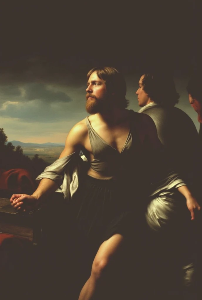 Oil painting, oil on canvas, a Renaissance-style painting standing close to each other, ((two men)) male lovers, males, intimate, in a pastoral setting. Semi nude, chiaroscuro technique to emphasize the interplay of light and shadow on their bodies, reminiscent of Michelangelo Buonarroti's dramatic lighting, canvas texture, brush stroke texture, centered, perfect composition, penis showing,