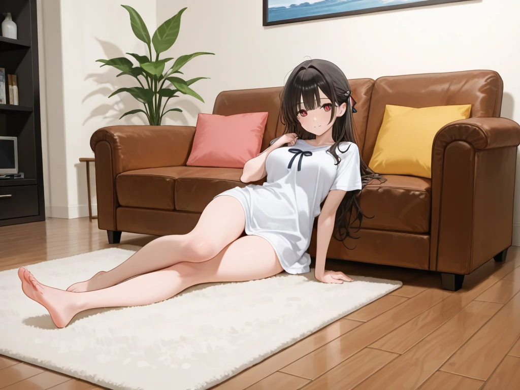 photorealistic oil painting, long hair, black hair, orange eyes, flat chest, blunt bangs
BREAK full body, lace overlay dress, u-neck lace design, breast cutout, short lace sleeves, short skirt with lace trim, black ribbon, Mary Janes, ruffled socks, shiny shoes
BREAK kneeling on an old couch inside a natural tunnel made of leaves, train tracks, sunlight visible through leaves, dappled sunlight, leaf tunnel, moss, grass, red couch, kneeling