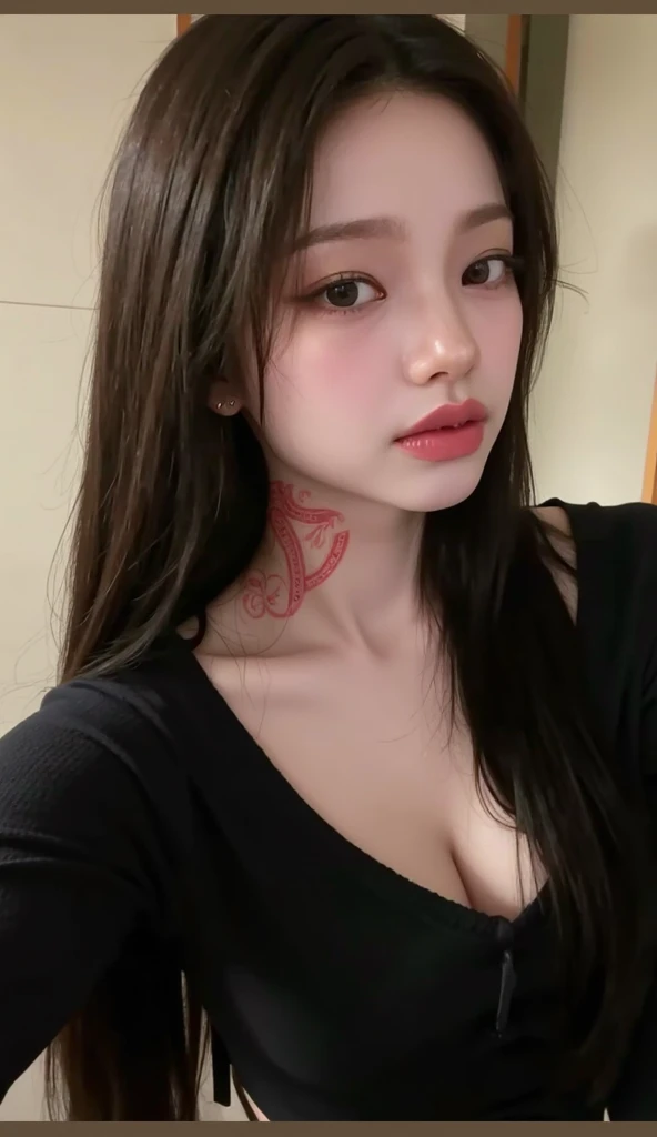 black hair with red highlights, reddish brown eyes and tattoo on the chest.