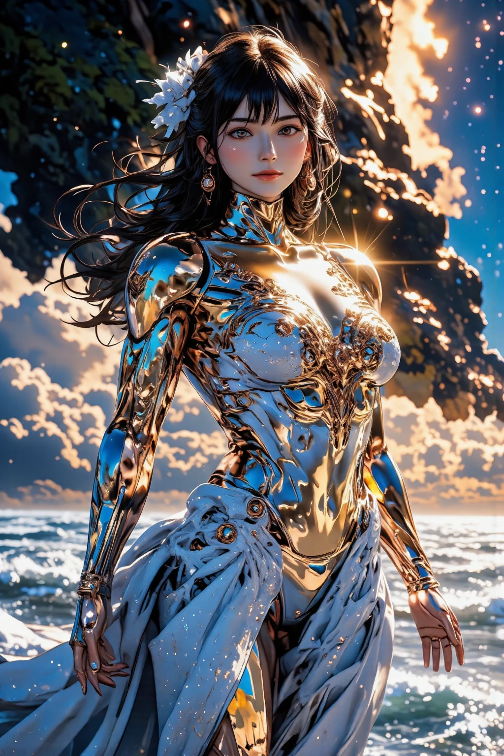 (((translucent, reflective, glass sculpture))), full shot body photo, illustration, cinematic light, fantasy, highest quality, best quality, masterpiece, (face fine), tall and sexy gold coin dress, crystal body, sparkling sandy beach, floating embers, golden hair jewelry, golden light reflecting the sun's rays, (focus on the body: 1.25), clear blue sky, desert and sea background, long curly hair, golden eyes magic energy release, dark reflection, light reflection --s2