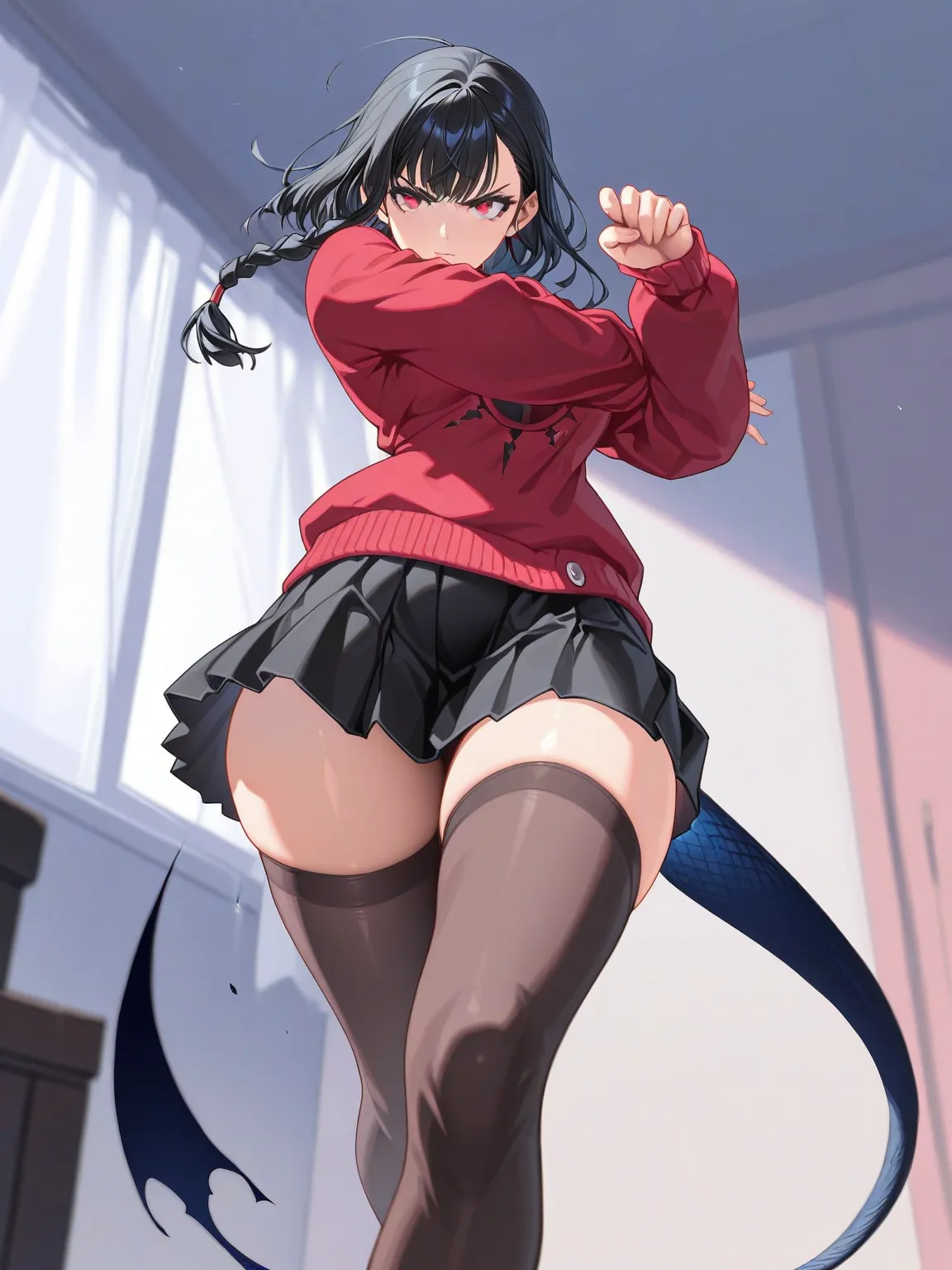 (masterpiece, best quality:1.2),intricate design, (insanely detailed:1.4), (extremely fine details:1.35),masterpiece, best quality, hyper-detailed((masterpiece)), (best quality), (detailed)
ShokoKomidef, purple hair, purple eyes, long hair
, (black pantyhose:1.3),, (school uniform:1.3), red skirt, red bow, (blazer:1.3) (microskirt:1.3)
microskirt, (classroom:1.2)